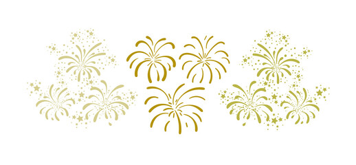 Vector Golden Fireworks, Celebration Concept, Hand Drawn Firework Explosions Isolated on White Background.