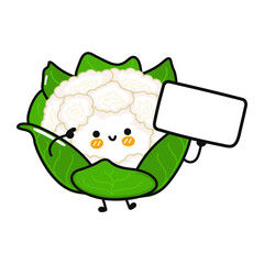 Cute funny cauliflower with poster. Vector hand drawn cartoon kawaii character illustration icon. Isolated on white background. Cauliflower think concept