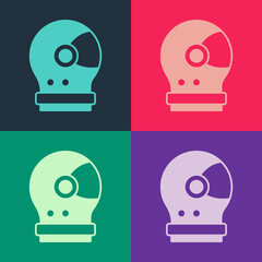 Pop art Astronaut helmet icon isolated on color background. Vector