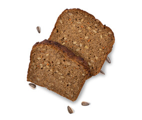 Bread made from a mixture of rye and wheat flour, with sunflower seeds and carrots.Fresh, healthy product isolated on a white background.