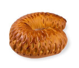 Delicious sweet bun, isolated on a white background.Fresh horseshoe-shaped pastries with poppy seed filling.Use it for labels, posters, and web design.
