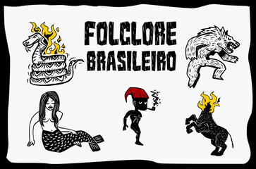 Coleção de Personagens do folclore brasileiro no estilo xilogravura. Brazilian folklore characters collection in woodcut style.