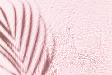 Water background. Pink aqua texture, surface of ripples, transparent palm leaf shadows and sunlight. Spa concept background. Flat lay, top view, copy space, banner