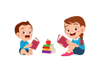 cute little girl read book with baby brother sibling together