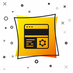 Black Debugging icon isolated on white background. Debugging tool. Magnifying glass on bug programming. Testing and setting software. Yellow square button. Vector