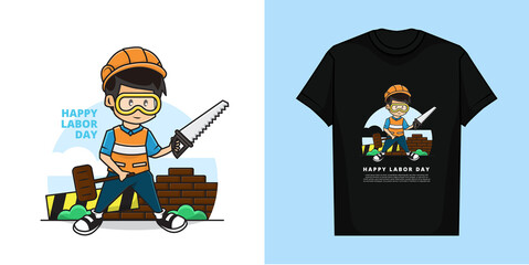 Illustration Vector Graphic of Cute Boy as a Worker is Holding a Saw and Hammer.. Happy Labor Day..