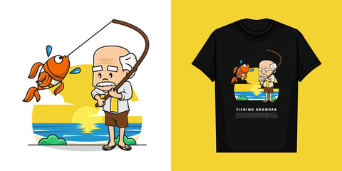 Illustration Vector Graphic of Grandfather is Fishing, with t-shirt mockup design