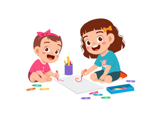 cute little girl drawing together with baby sibling