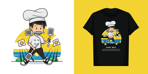 Illustration Vector Graphic of Cute Chef Boy is Doing the Fried Egg Cooking Action Using Three Spatulas, with t-shirt mockup design
