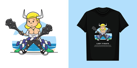 Illustration Vector Graphic of Cute Sexy Girl Wearing a Pirate Costume with Holding a Thorny Baseball Bat.. with t-shirt mockup design