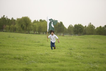 cheerful active little boy celebrating 14th of August, Pakistan Independence day with waving Pakistani flag. F-9 Park Islamabad, Pakistan.