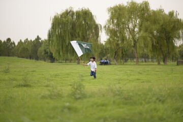 cheerful active little boy celebrating 14th of August, Pakistan Independence day with waving Pakistani flag. F-9 Park Islamabad, Pakistan. - obrazy, fototapety, plakaty