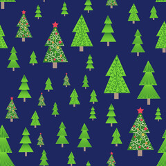 Obraz premium christmas tree seamless pattern. Winter forest, pine trees and snowflakes Print for fabric, wrapping paper