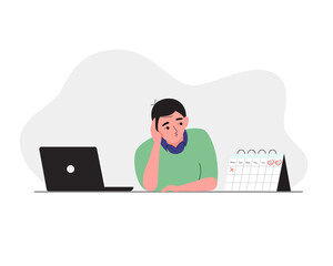 Man having boring weekdays, waiting for weekend at the office desk with laptop and calendar. Vector illustration cartoon flat style - obrazy, fototapety, plakaty