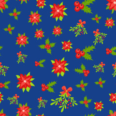 Seamless pattern with hand drawn poinsettia flowers and floral branches and berries, mistletoe, christmas florals