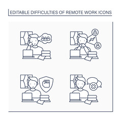 Remote work line icons set. Stayed motivated, loneliness, collaboration. Spontaneous conversations. Distance work troubles. Career difficulties concept. Isolated vector illustrations. Editable stroke