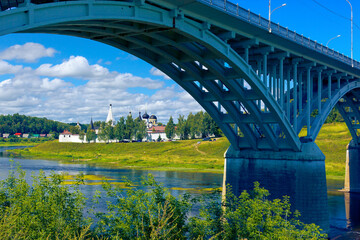 View of Holy Dormition Monastery and bridge across Volga river. Staritsa, Tver Oblast, Russia