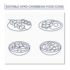 Afro-Caribbean food line icons set. Traditional dishes.Fish pepper soup, okra, suya. Fried plantain with eggs. Local food concept. Isolated vector illustrations. Editable stroke