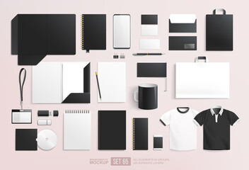 Realistic office stationary items blank mockup set for Corporate identity design. Black and white Branding clean Mock-up set. Office items and objects empty mockups with space for your design - obrazy, fototapety, plakaty