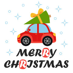 Naklejka premium Merry christmas and happy new year illustrations. Greeting card with red retro car with christmas tree