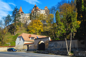 Autumn scenery and Bran castle on the hill, Transylvania, Romania