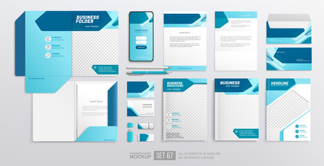 Mockup set of business stationery items with Corporate Brand Identity. Business brochure and magazine cover design. Blue and white color abstract geometric graphics on Folder, annual report cover