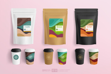 Realistic set of coffee and food zip package with branding design on mockup template . Stand-up foil pouch design with paper beverage cup. Coffee brand identity with sticker or label