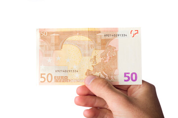 man holding euro bills on white background