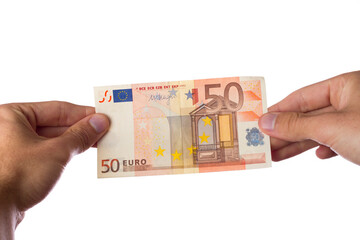 man holding euro bills on white background