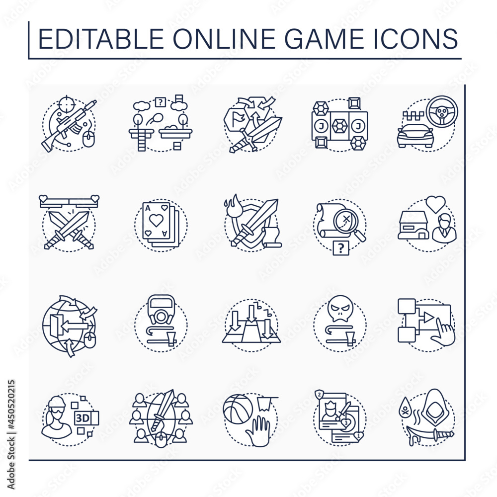 Poster online game line icons set. different game types. arcade, role play, simulation. virtual reality. mo