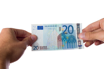 man holding euro bills on white background