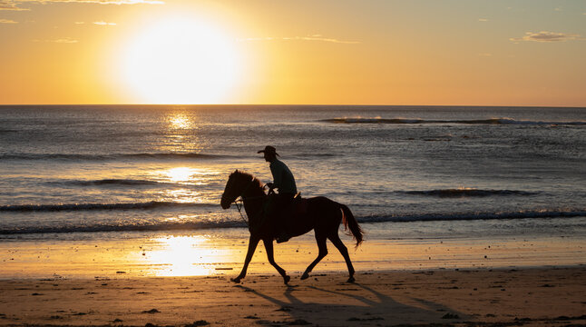 Horse rider wearing a hat at sunset in Costa rica, beautiful beach, reflective sun.