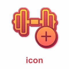 Obraz premium Gold Dumbbell icon isolated on white background. Muscle lifting, fitness barbell, sports equipment. Vector