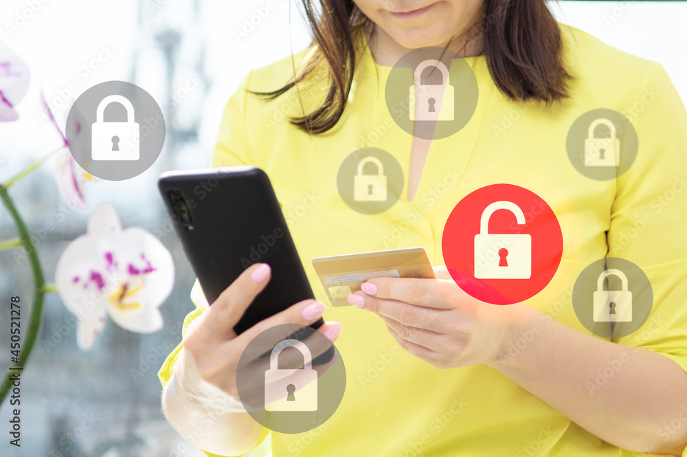 Poster data security when paying online with credit card. data protection and secure online payments. close