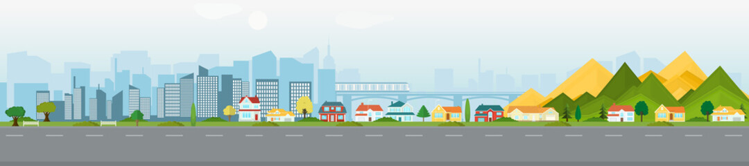Vector poster with suburban houses and modern skyscrapers. Street view. Panoramic view.