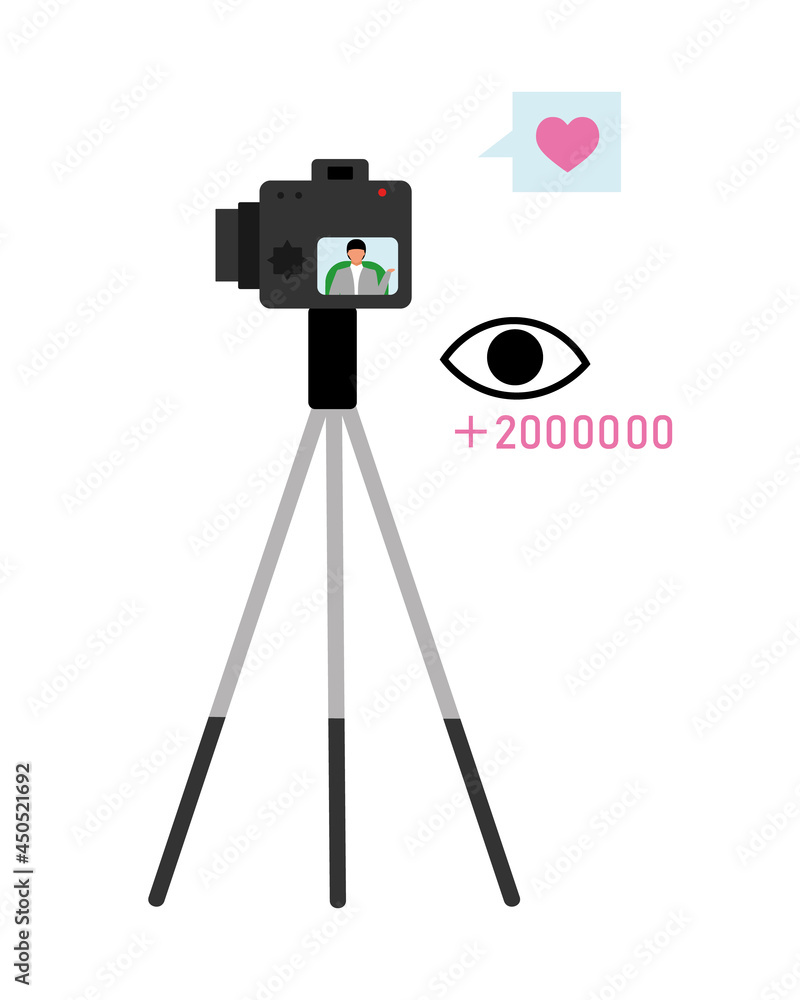 Poster camera for live streaming semi flat color vector object. full sized item on white. popular video blo