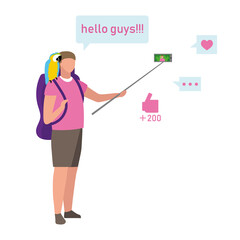 Male traveler records live stream semi flat color vector character. Full body person on white. Communicating with followers isolated modern cartoon style illustration for graphic design and animation