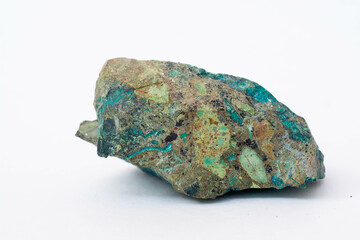 copper ore from a copper mine in Chile, a green stone on a white background. - obrazy, fototapety, plakaty