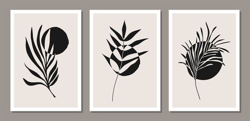 Fototapeta na wymiar Set of minimalist botanical wall art composition with leaves abstract collage