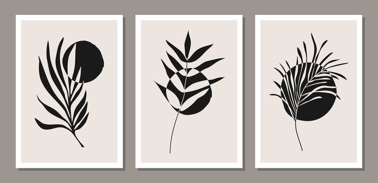 Set of minimalist botanical wall art composition with leaves abstract collage
