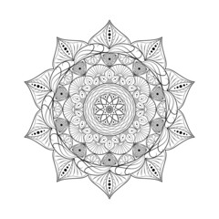 Round mandala flower ornament. Isolated outline vector illustration of oriental pattern. Indian symbol for meditation and prayer. Coloring page. Design for fabric, card, template, print.
