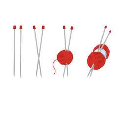 The red ball of wool and knitting needles in different positions. Isolated on a white background. Knitting, Wool, needlework. Vector illustration