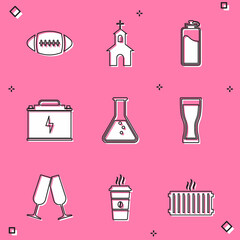 Set American Football ball, Church building, Sport bottle with water, Car battery, Test tube and flask and Glass of beer icon. Vector