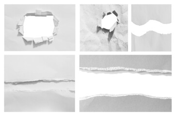 Collection of ripped torn paper isolated on white background