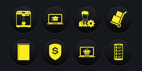 Set Book, Hand truck and boxes, Shield dollar, Shopping basket on laptop, Profile settings and Graduation cap icon. Vector
