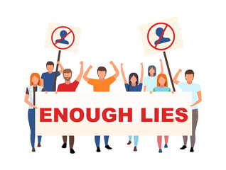 Anti-government demonstration flat concept vector illustration. Activists with enough lies placard isolated 2D cartoon characters on white for web design. Fighting with truth distortion creative idea