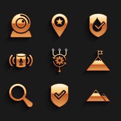 Set Algorithm, Shield with check mark, Mountains, and flag, Magnifying glass and Voice assistant icon. Vector