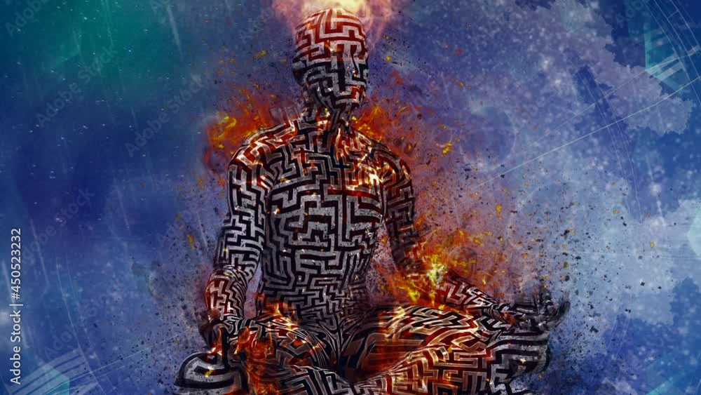 Poster burning man with maze pattern meditate in lotus pose. clock face and vivid universe background
