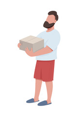 Bearded guy holding box semi flat color vector character. Full body person on white. Moving into new apartment isolated modern cartoon style illustration for graphic design and animation