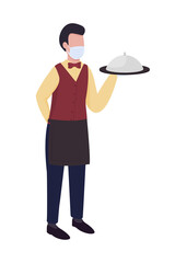 Waiter semi flat color vector character. Full body person on white. Carrying food to visitor tables. Restaurant staff isolated modern cartoon style illustration for graphic design and animation